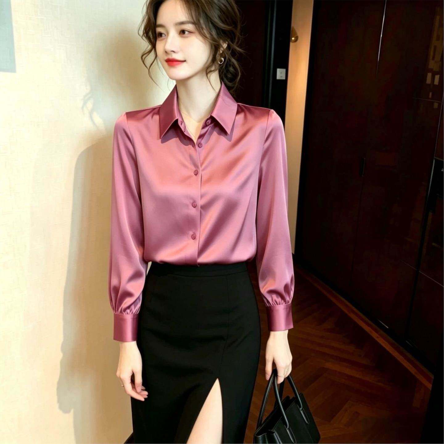 黑色高级长袖春夏缎面衬衫女防晒外穿显瘦职业装设计垂感宽松上衣