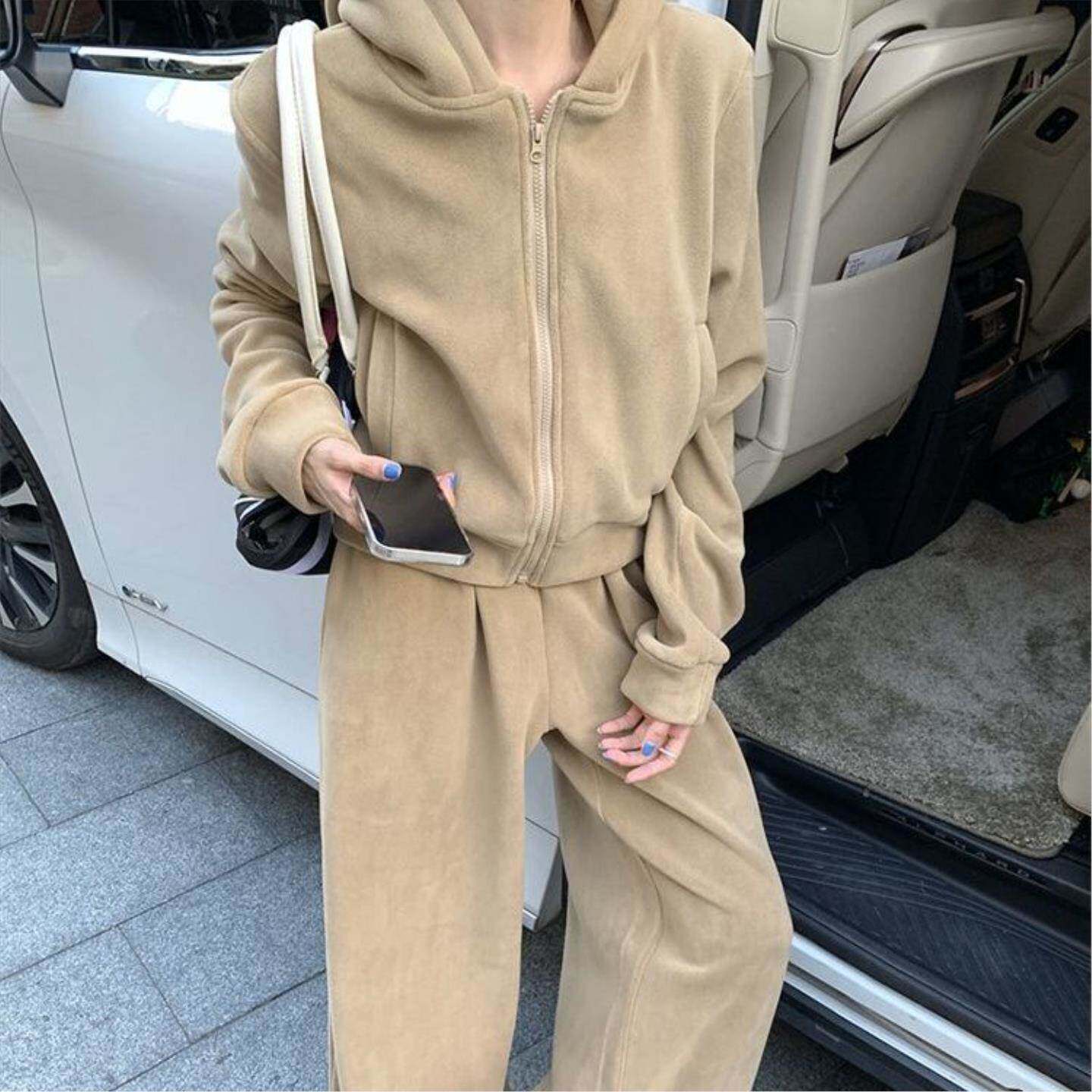 休闲运动套装女小众连帽卫衣外套上衣秋季长裤阔腿裤拖地裤两件套