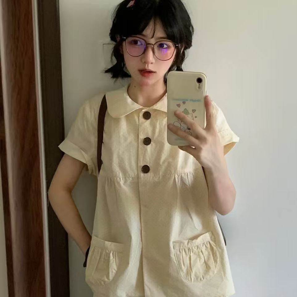 日系娃娃领波点口袋褶皱短袖T恤女夏新款复古休闲显瘦娃娃衫衬衫