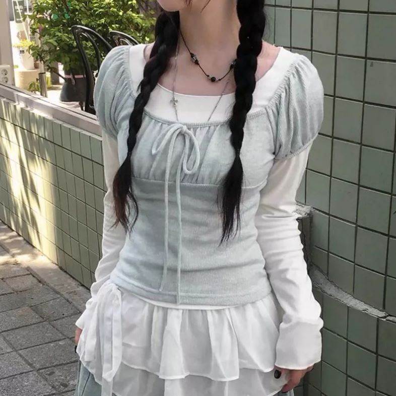 春装新款小清新短款假两件长袖圆领系绳T恤女上衣