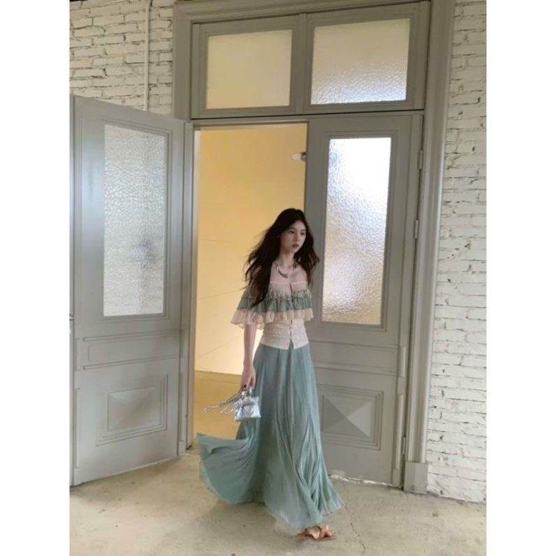 纯欲风拼接一字领衬衫上衣女高腰显瘦半身裙夏季新款气质时尚