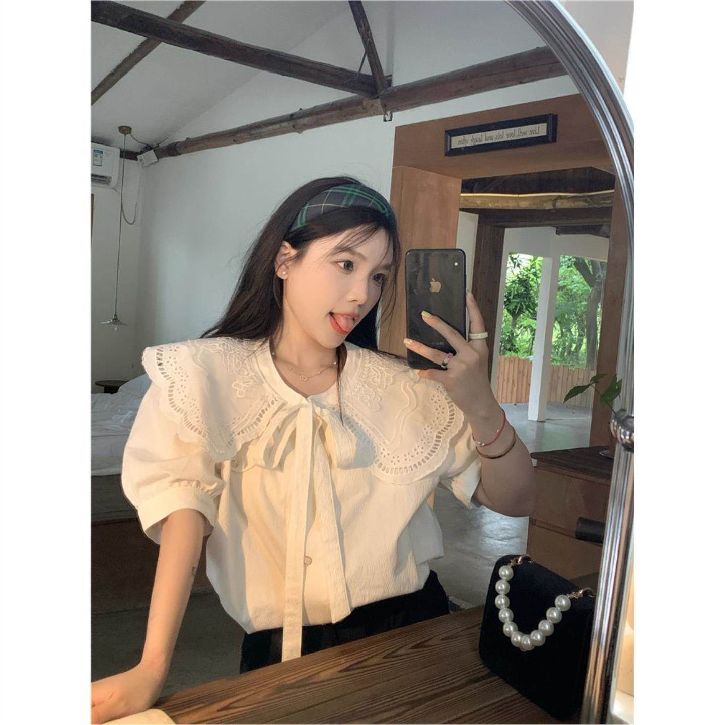 大码装高级少女感可拆卸撞色花边领绑带短袖衬衫女上衣