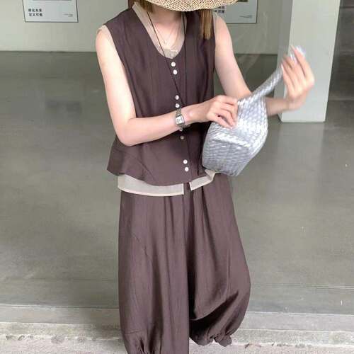 假两件上衣+阔腿裤套装女2026夏新款青春文艺减龄宽松显瘦两件套