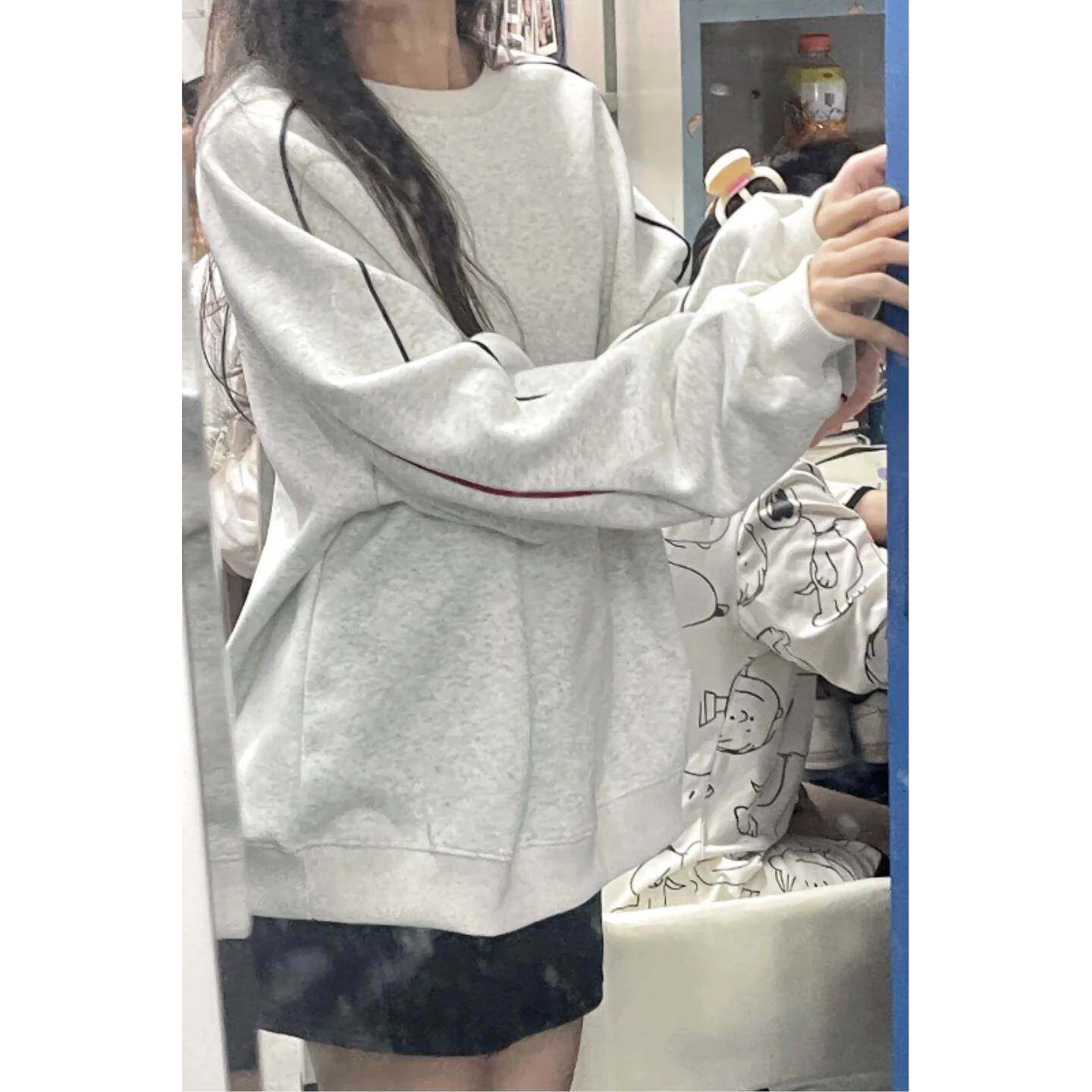 韩系学院风圆领卫衣女宽松加绒上衣