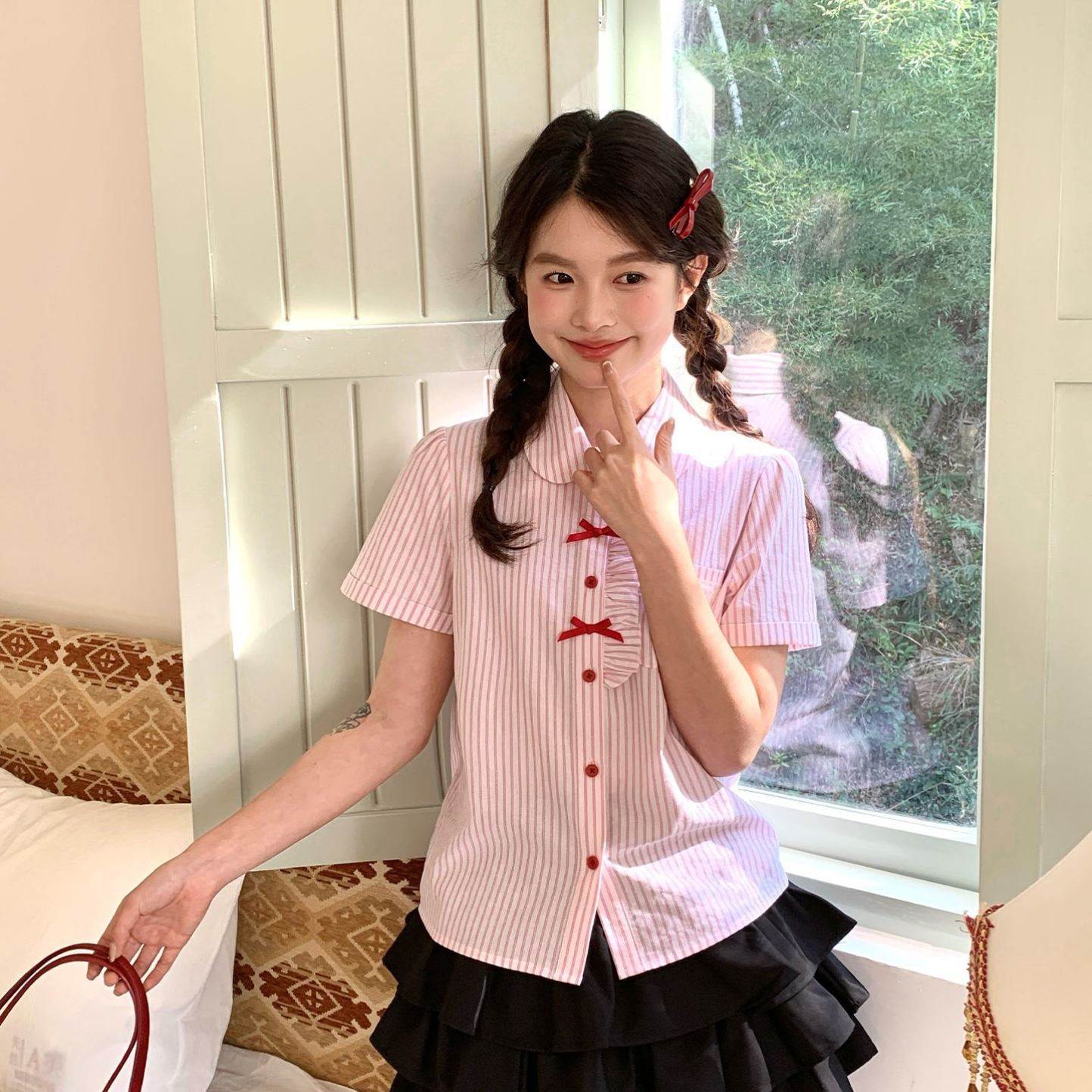 夏季新款粉色少女条纹娃娃领衬衫小个子甜美可爱上衣