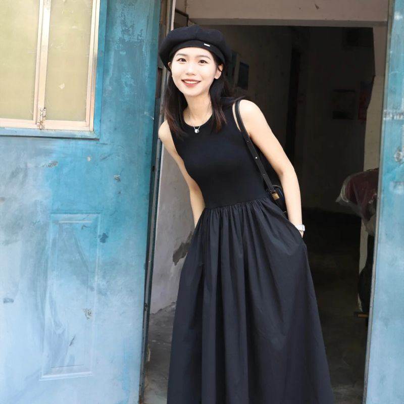 黑色连衣裙女夏天赫本风高级感气质长款无袖修身显瘦遮肉长裙子