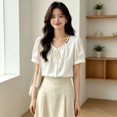 白色泡泡袖衬衫女夏季温柔系带方领宽松显瘦百搭短袖棉感上衣