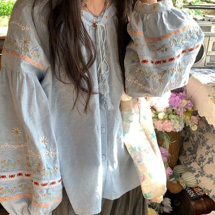 花朵刺绣系带上衣衬衫文艺复古休闲宽松长袖上衣新款