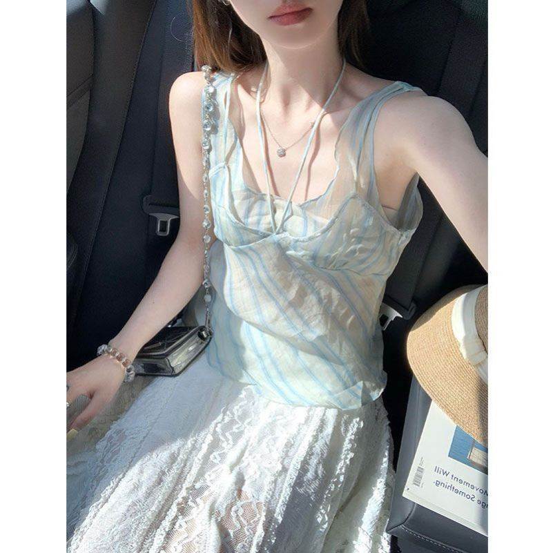 绝美蓝色条纹无袖吊带背心女夏季韩系漂亮外穿内搭抹胸小上衣