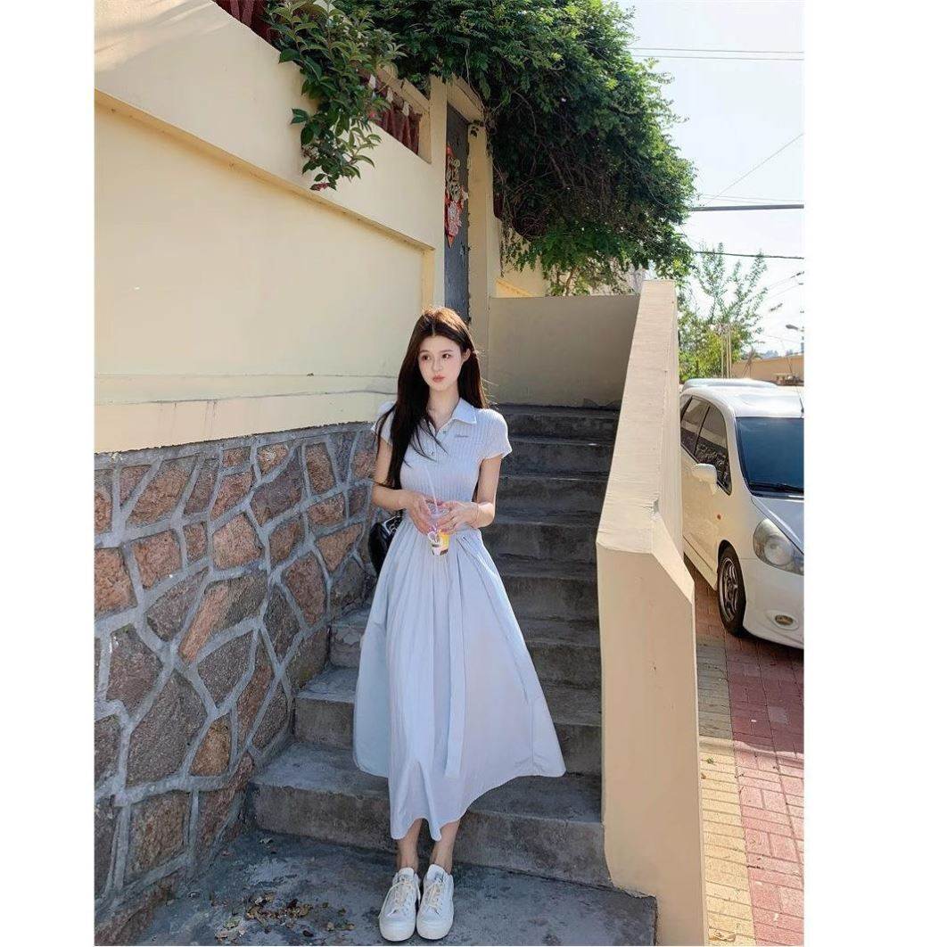 韩系甜美风Polo领连衣裙女装夏季收腰短袖裙子浅蓝色显瘦a字长裙