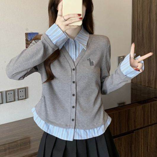 大码胖MM2026春秋新款学院风假两件女条纹拼接衬衫遮肉显瘦上衣