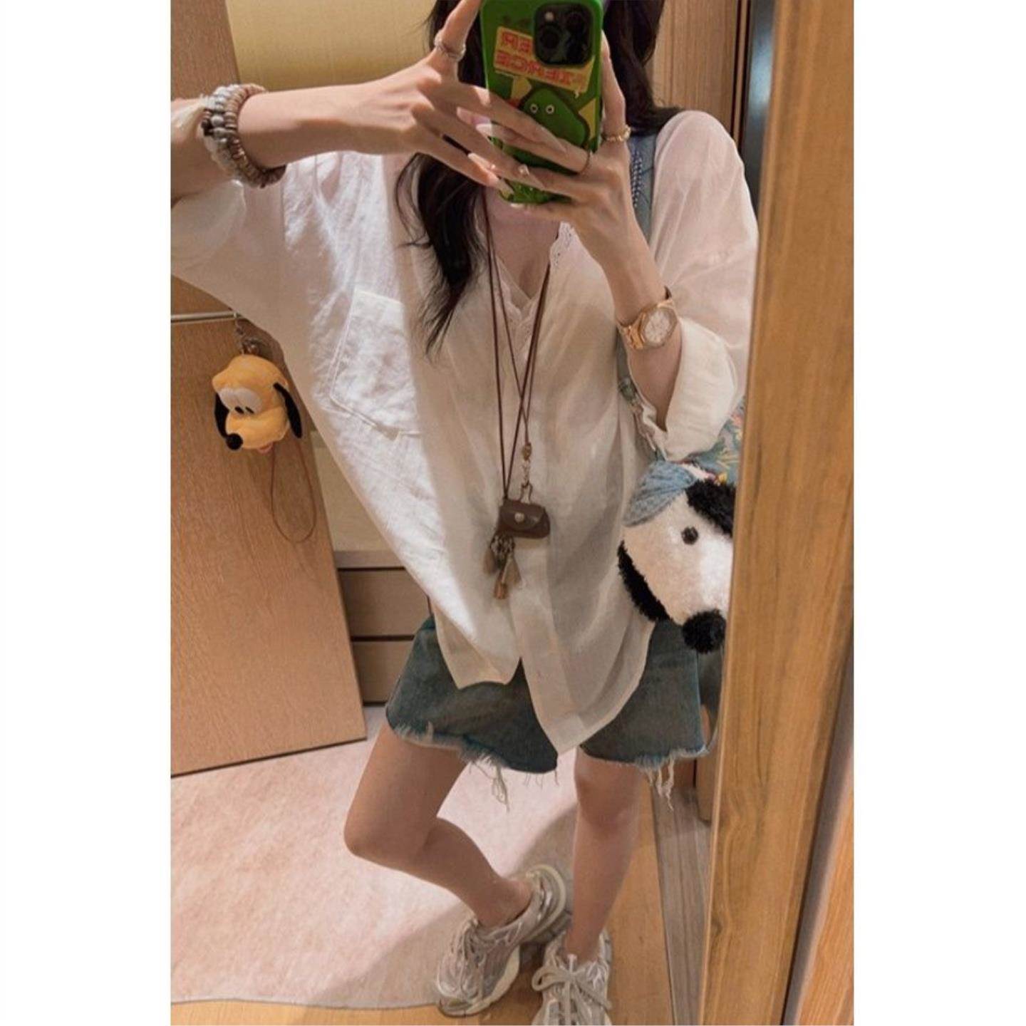 老钱风天丝棉麻白色蕾丝拼接衬衫女夏韩系宽松薄款防晒衫