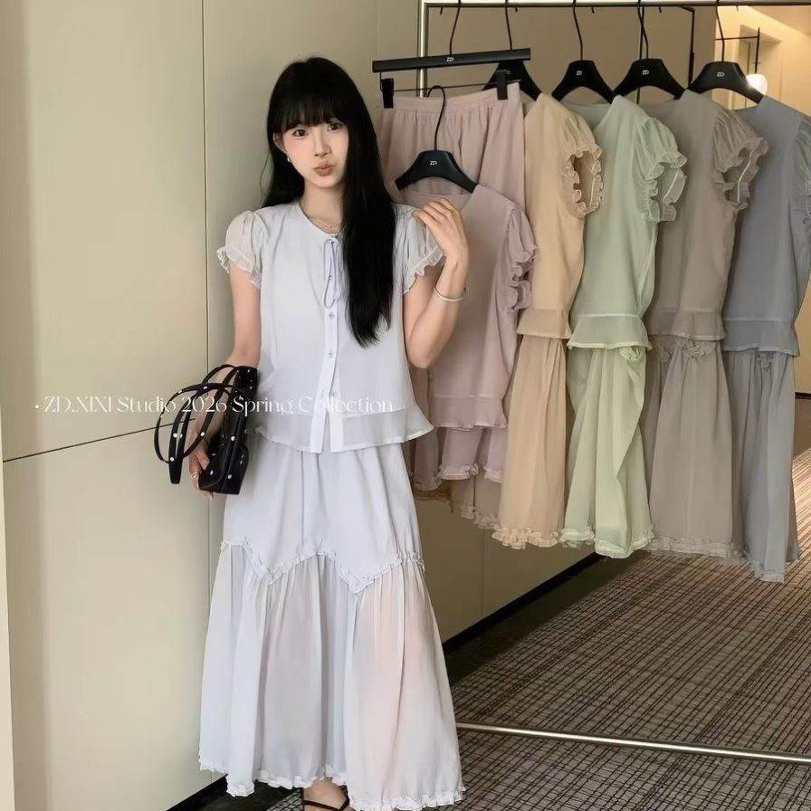 系带小衫衬衫高腰半裙两件套温柔显瘦减龄半身裙套装长裙套装大摆