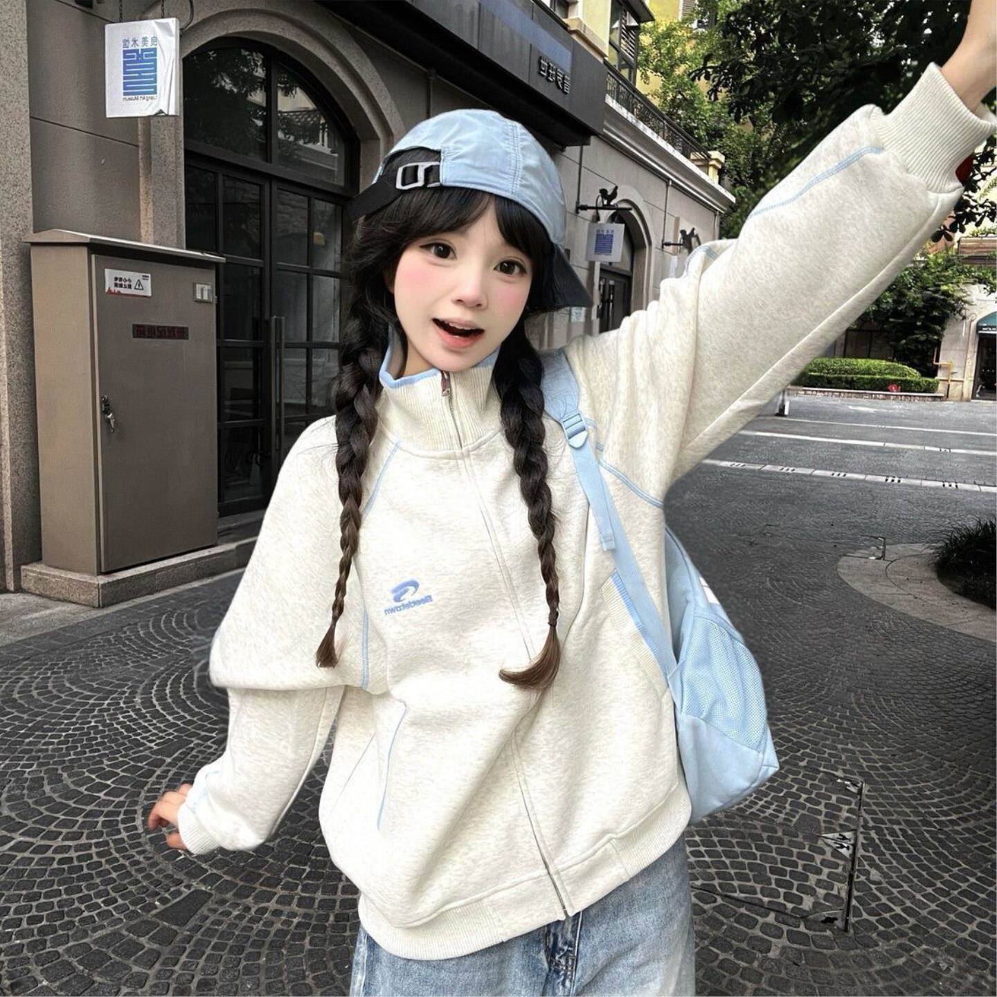2026春夏甜美明线拼接撞色立领卫衣女韩版学生宽松百搭开衫外套