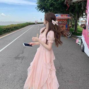 超仙粉色方领甜美温柔仙女风连衣裙女收腰中长款裙法式