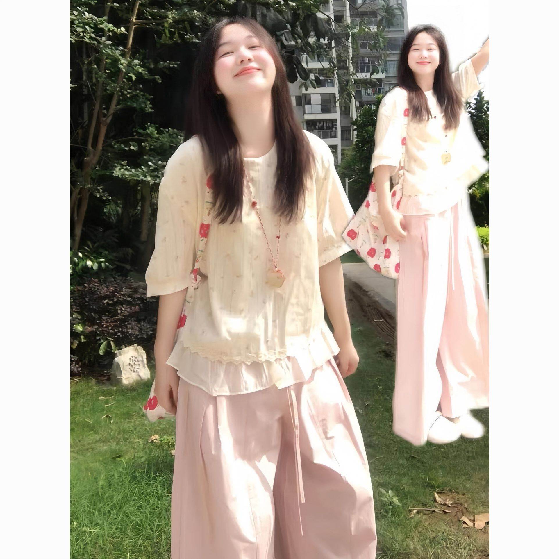 韩系甜美休闲运动套装女夏季2026超火减龄碎花衬衫上衣长裤两件套