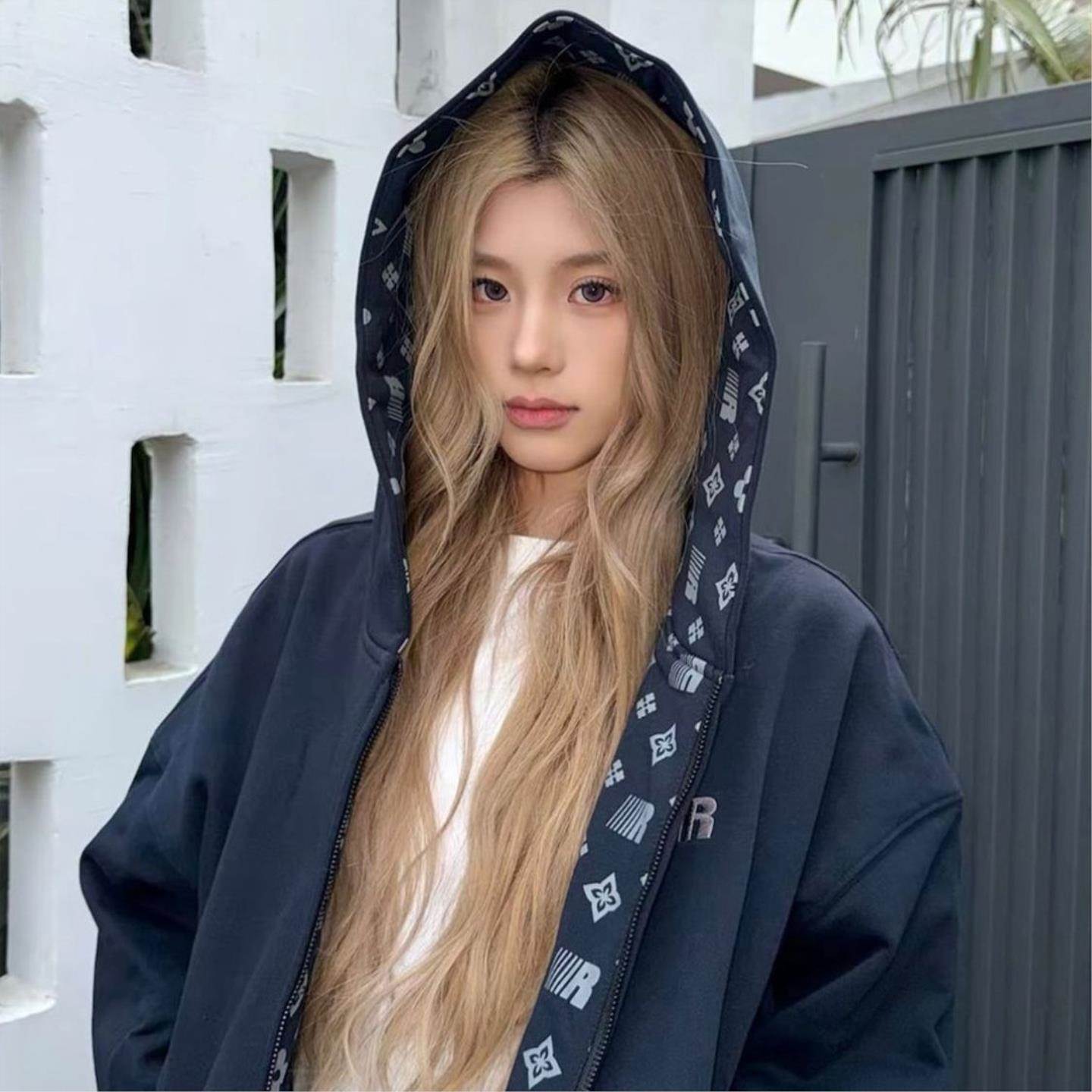 复古字母开衫连帽卫衣女2026春夏宽松慵懒风高街春季外套加厚