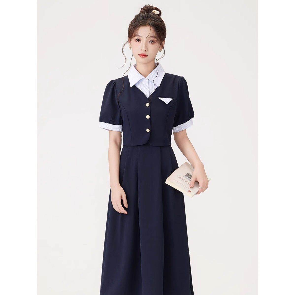学院风假两件Polo领短袖连衣裙女夏季2026新款教资面试穿搭长裙子
