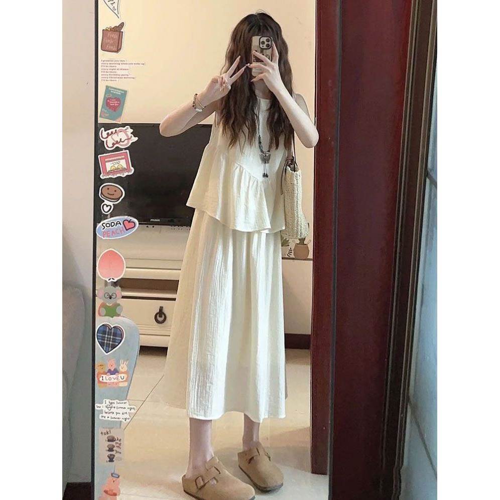 高级感两件套无袖背心上衣中长半身裙套装女夏季新款法式简约气质