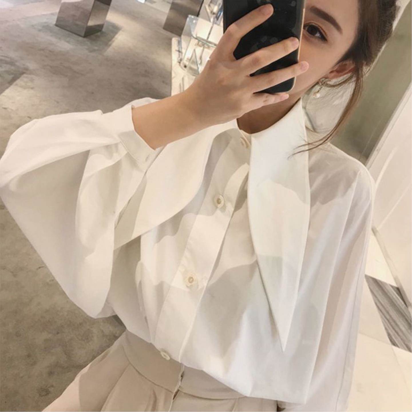 2026春夏新款泡泡袖兔耳朵白衬衫女士长袖韩范衬衣韩版上衣蝙蝠袖
