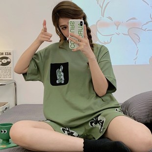 学生可爱韩版 棉质睡衣新款 短裤 女夏季 卡通可外V穿家居服女套 短袖