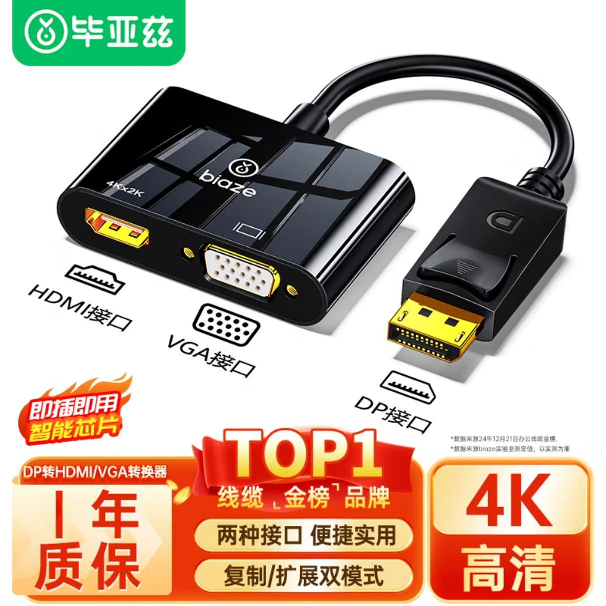 毕亚兹DP转HDMI/VGA二合一转换
