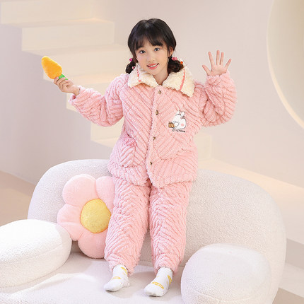 冬季女孩珊瑚绒三层夹棉冬款加绒家居服儿童睡衣男童加厚款法兰绒