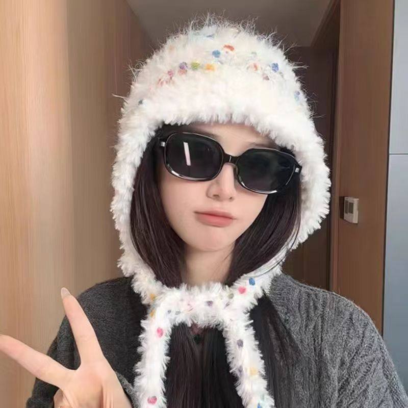 韩版ins彩色糖豆毛绒针织帽女秋冬保暖护耳毛线帽百搭显脸小帽子