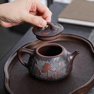 泡茶壶仿古壶 紫陶坭兴陶茶壶宽口满雕纯手工茶具家用送礼茶具套装