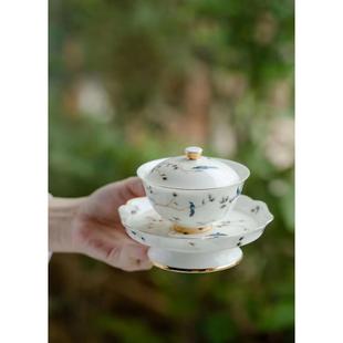 盖碗草长莺飞三才羊脂玉白瓷高档家用功夫泡茶碗防烫茶杯茶碗套组