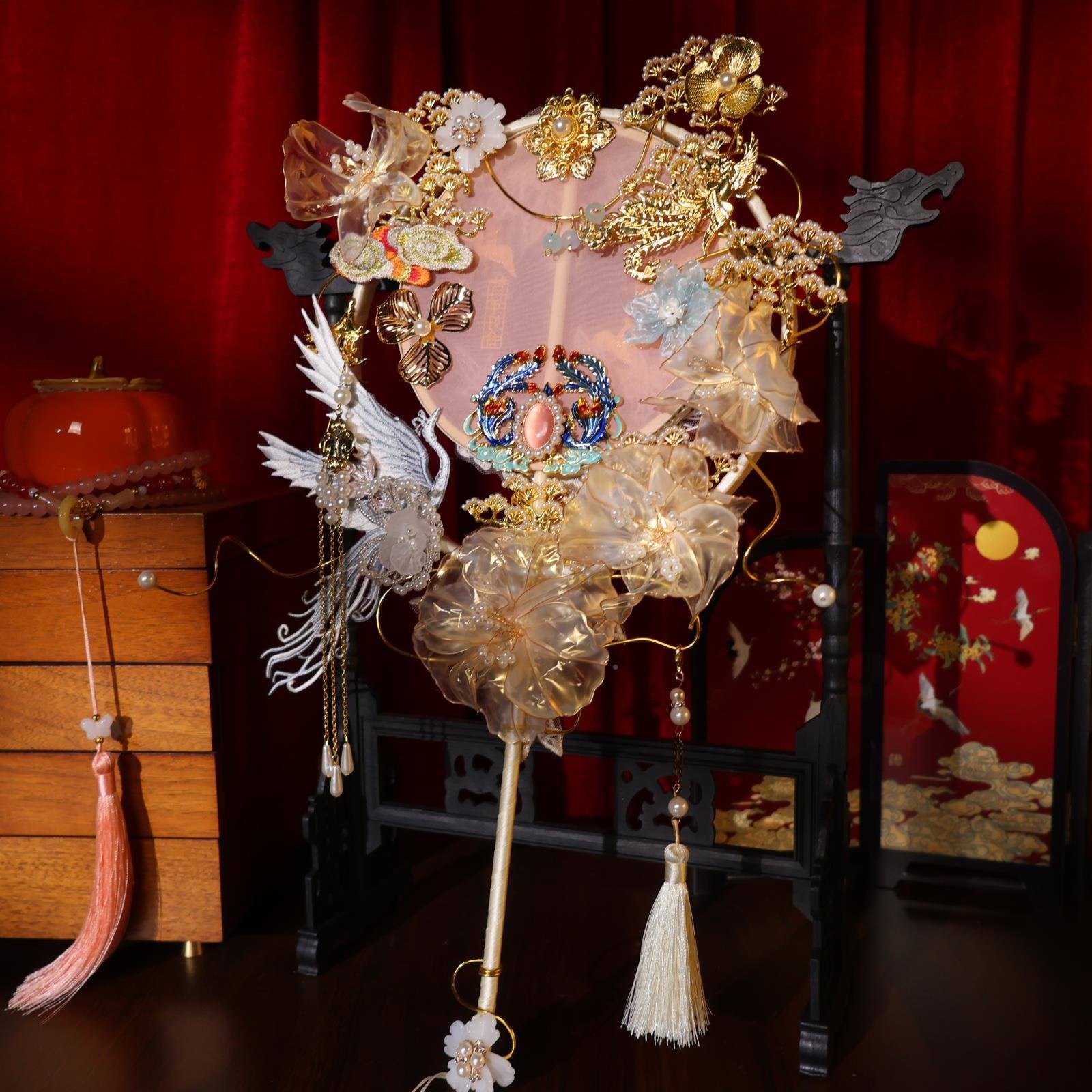 团扇新娘结婚材工刺绣禾秀婚嫁双面扇子成手品高UYI料级喜扇婚礼