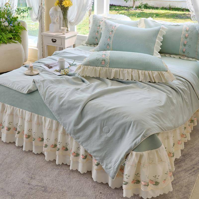 夏夏季凉感四冰丝凉席空调凉被GRS水三件套公主风蕾丝边床盖可洗