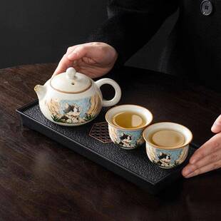 汝窑可爱二猫功夫茶制具套组工位喝茶神器一241231-5壶杯茶盘定人