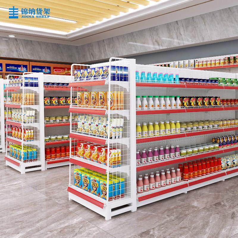 超市货架利店多饮便料零食架白色带护栏能药店文具展示架功单双面