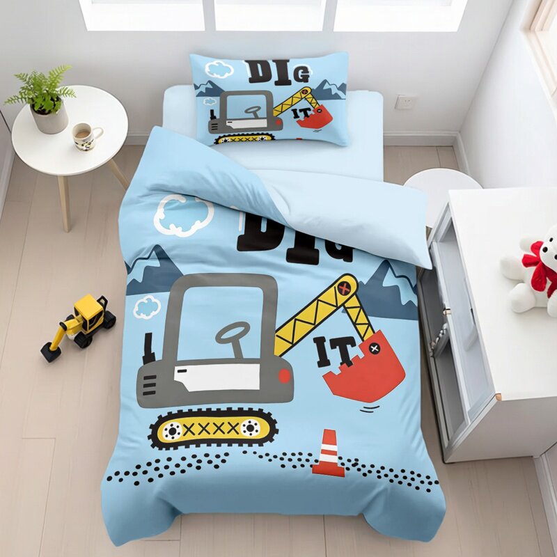 卡通挖掘机100%纯棉四件套儿童学生男孩工程车挖土机全棉被套被罩