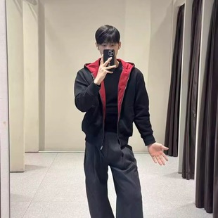 WENGZR重磅开衫硬挺黑红拼接连帽卫衣cleanfit男女休闲外套