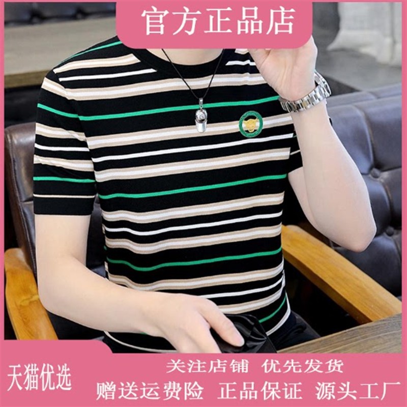 鹏然轻奢男装高端潮流胸标男士短袖t恤夏季冰丝圆领刺绣条纹上衣
