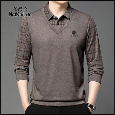 humble stona秋季新款打底衫男感男士T恤假两件长袖衣服上衣翻领