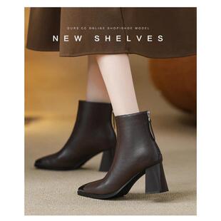 SuperXi高定女鞋复古风女真皮方头粗跟7cm高跟金属包头侧拉链短靴