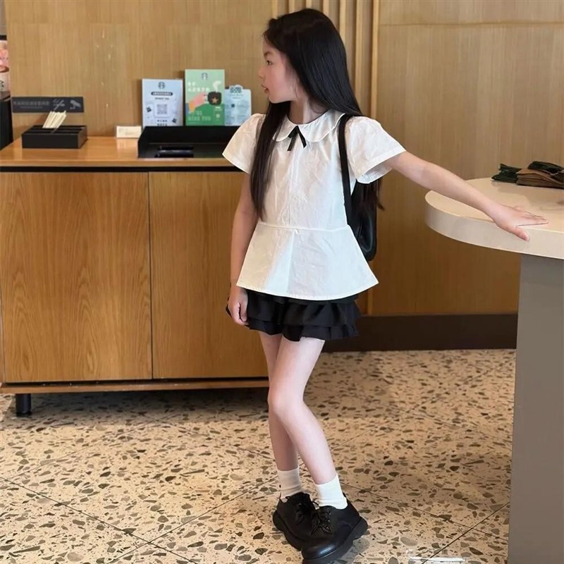 腾漾生活坊2女童夏季宝宝学院风蝴蝶结娃娃领衬衫蛋糕裙两件套装