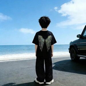 柒凯优品1男童2026夏季新款彩色天使翅膀短袖烫钻闪闪长裤两件套