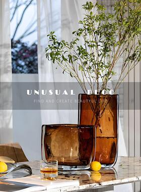 UNUSUAL 琥珀色轻奢琉璃扁形花器样板房间客厅酒店橘红色花瓶摆件