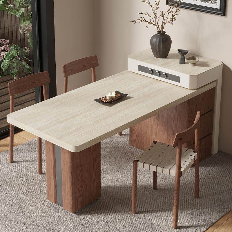 法式覆古小户型岩板岛台餐桌一体可伸缩实木家用厨房高级齐平导台