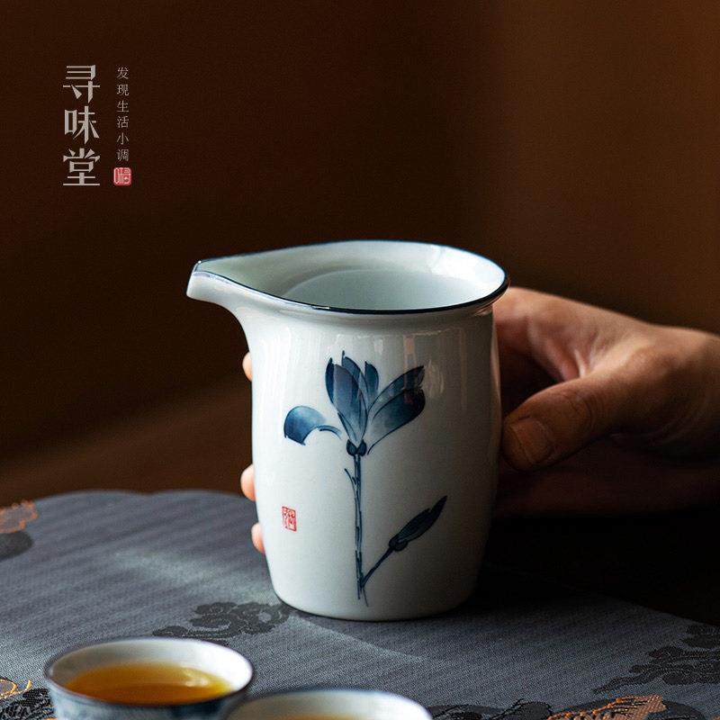 青灰釉手绘公道杯｜复古素雅茶海青花中式分茶杯家用陶瓷功夫茶具