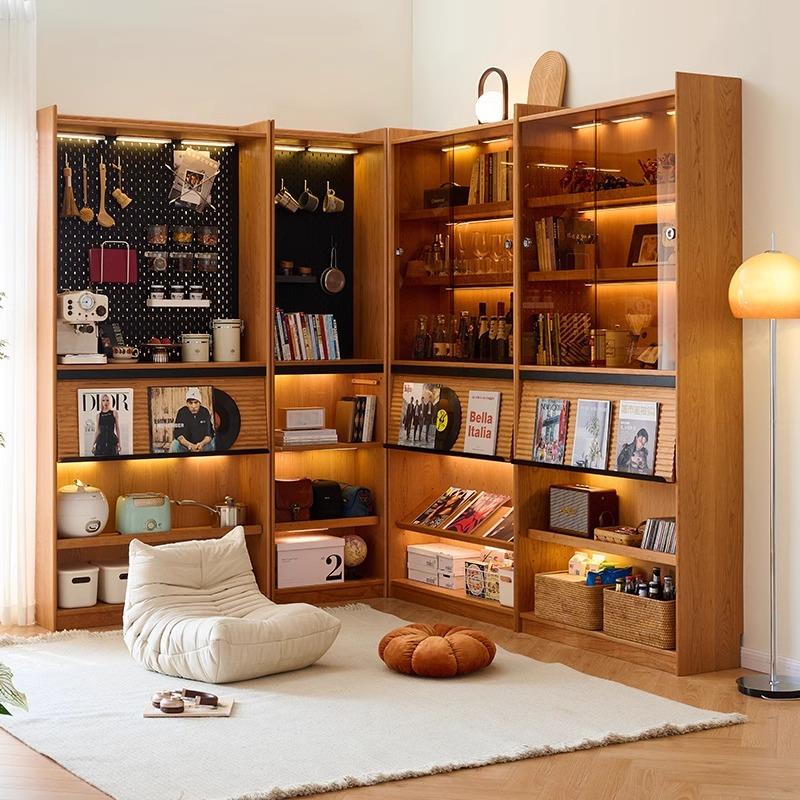 全实木书柜樱桃木整墙置物架一体落地丛山组合书架满墙展示柜l型U