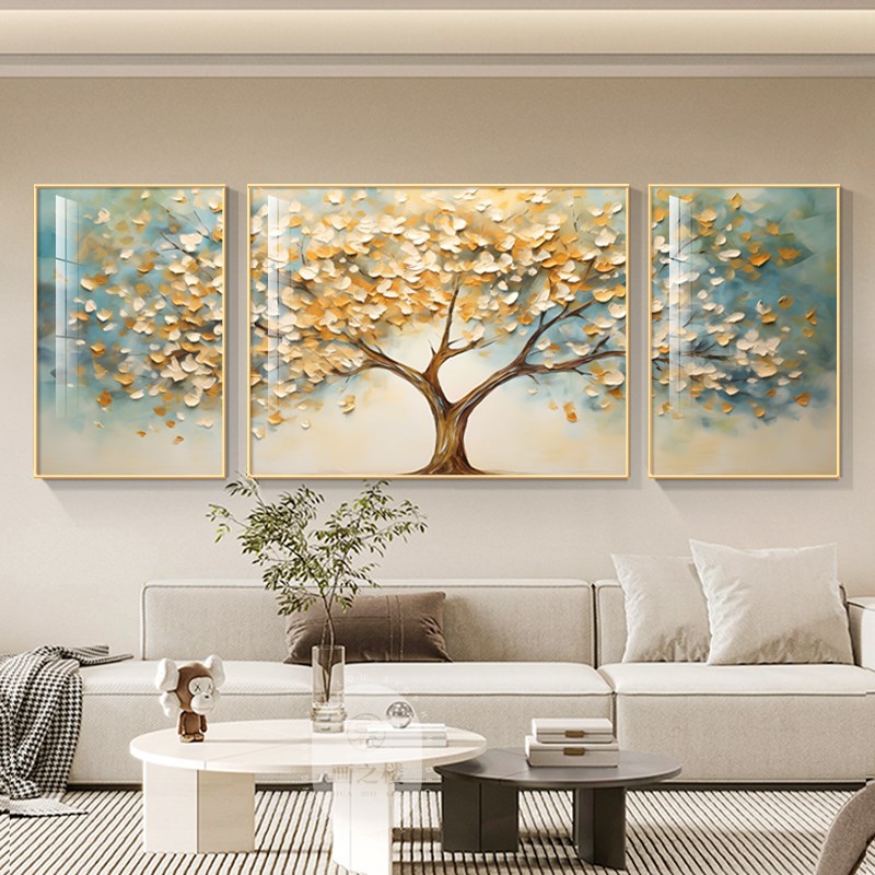 彩色发财树装饰画大芬村油画沙发背景墙装饰画客厅高档大气三联画图片