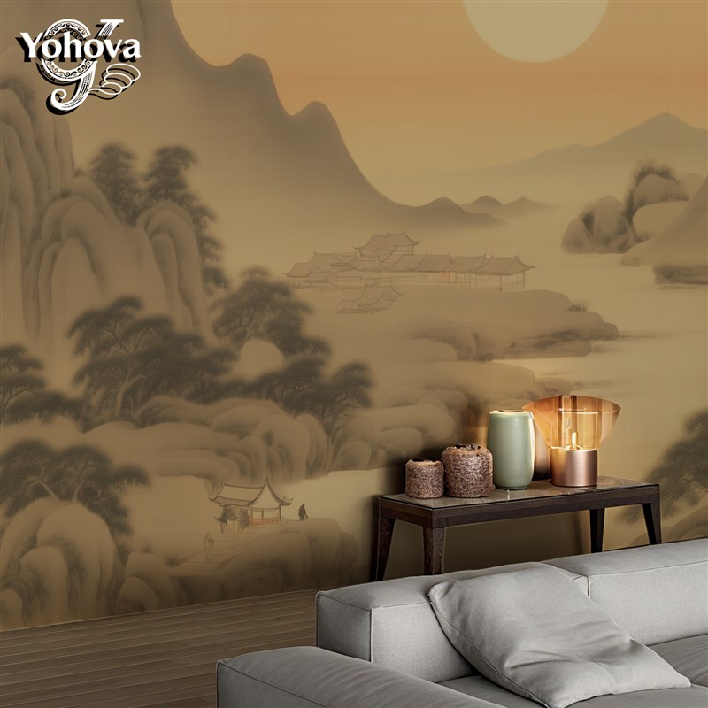 宋氏美学壁画中式风格壁布电视背景装饰墙纸山水风景墙布树船墙壁