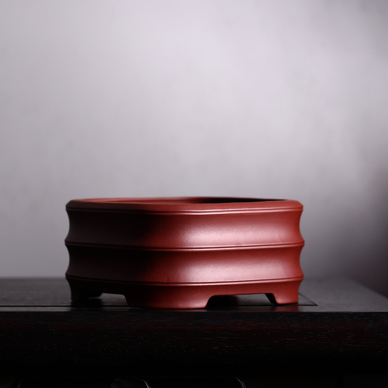 紫砂花盆正方形盆景盆精品朱泥大红袍竹节盆民间艺人冯长根制作