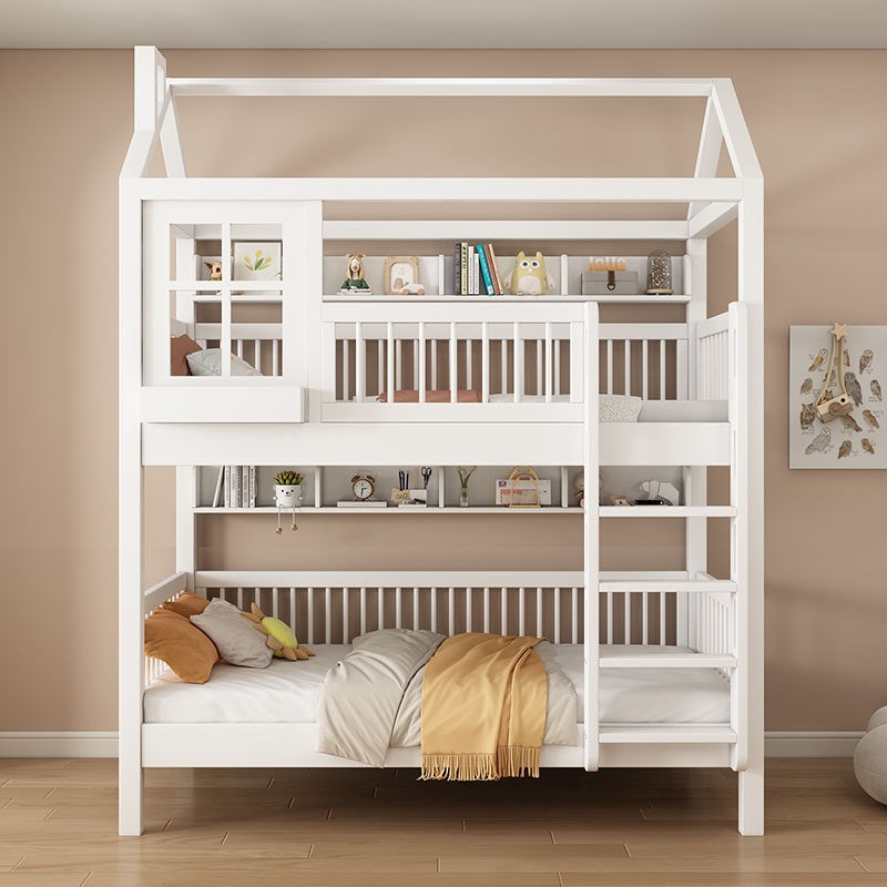 全实木儿童上下床层床高低床格子母侧梯柜高护栏男女孩树屋定制