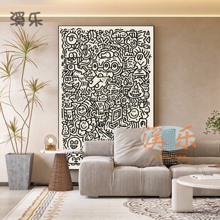 溪乐凯斯哈林黑白涂鸦客厅沙发背景墙装饰画波普风潮流卧室挂画